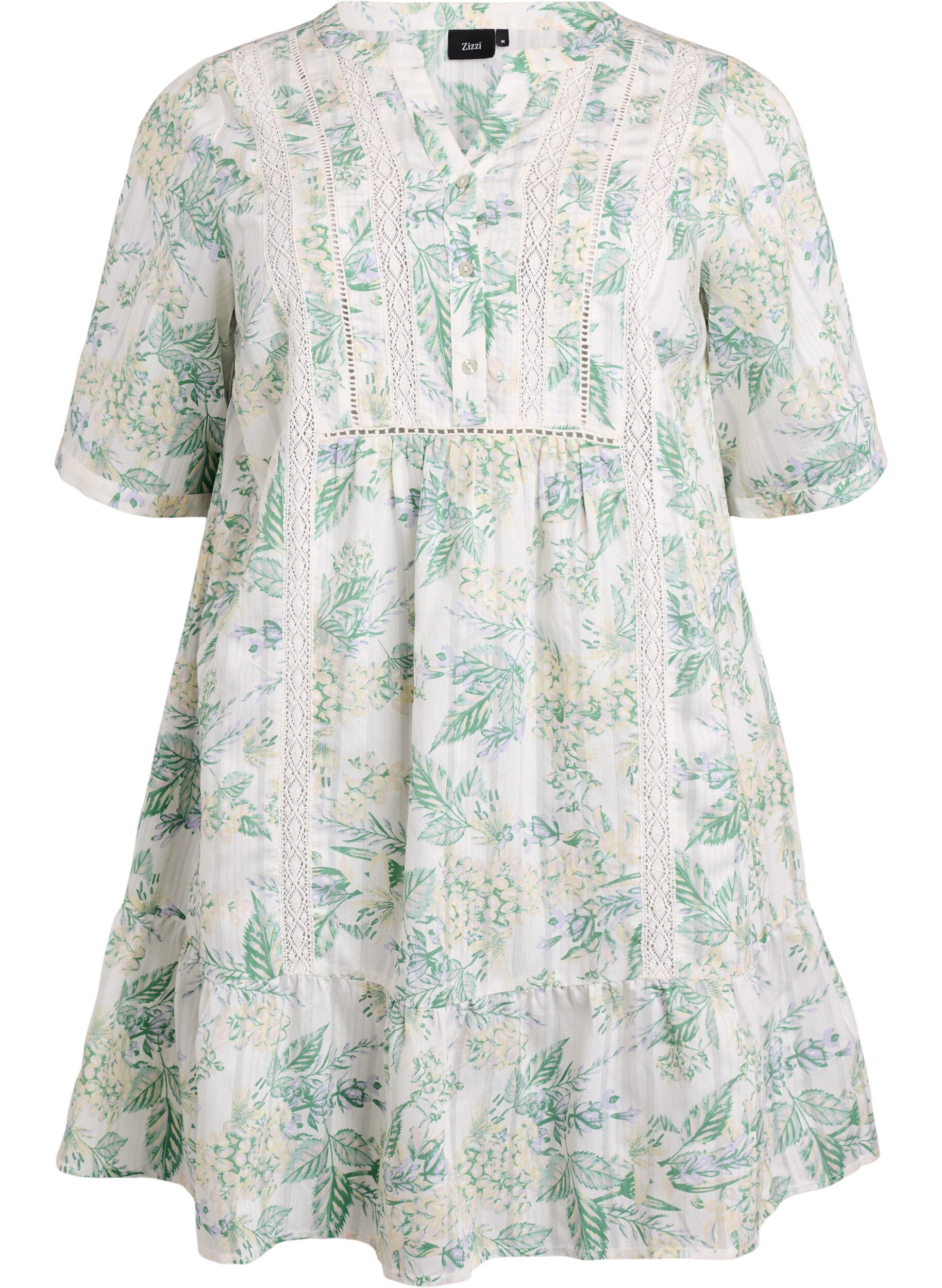 Short viscose dress with lace trim and an A-line cut