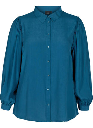 Long-sleeved viscose shirt with ruffle details, Reflecting Pond, Packshot image number 0
