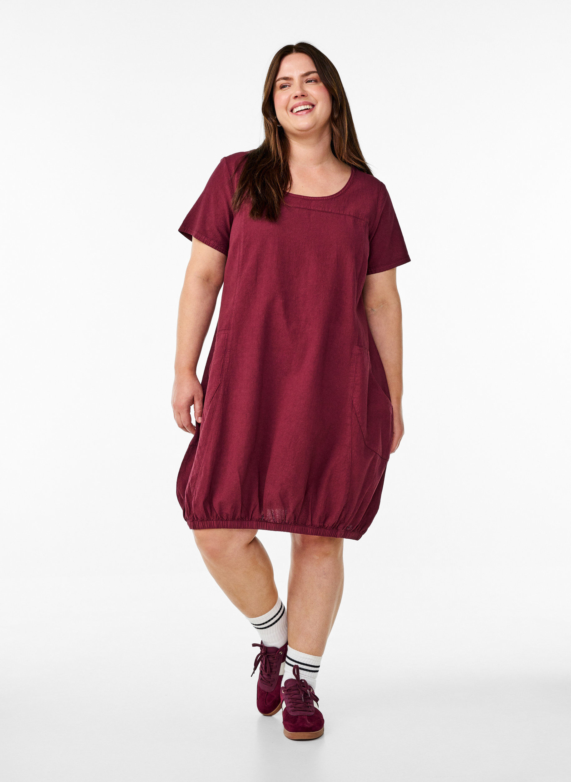Zizzifashion Short-sleeved cotton dress, Dark Bordeaux, Model image number 1