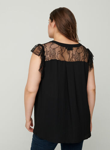 Short-sleeved top with lace, Black, Model image number 1