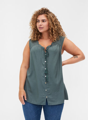 Viscose top with tie detail, Balsam Green, Model image number 0