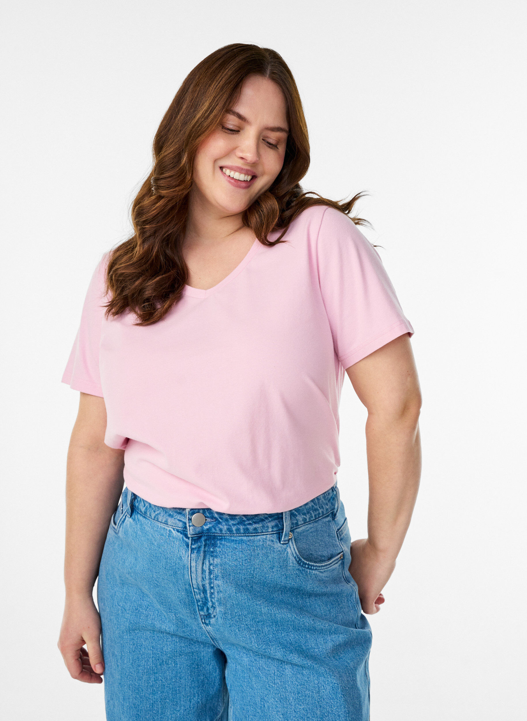 ZizzifashionSolid coloured basic t-shirt in cotton, Rose, Model image number 0