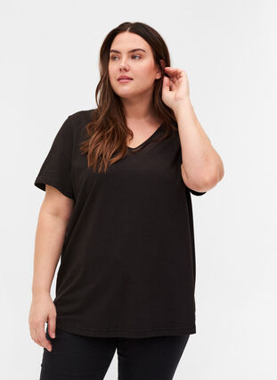 Short-sleeved T-shirt with V-neck and mesh, Black, Model image number 0