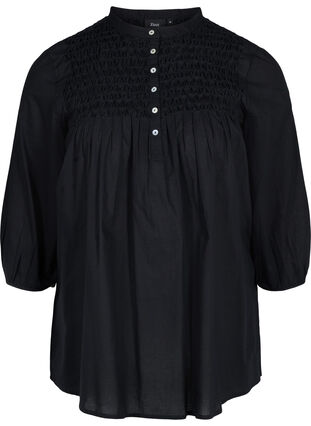 Cotton blouse with 3/4 sleeves and smock, Black, Packshot image number 0