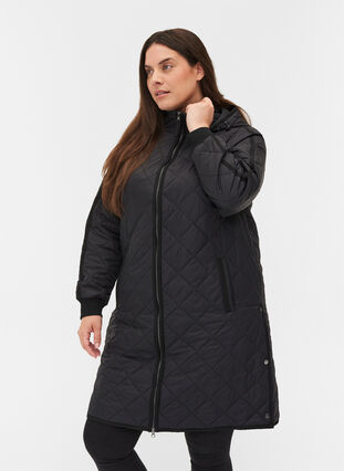 Quilted thermal jacket with hood and zipper, Black, Model image number 0