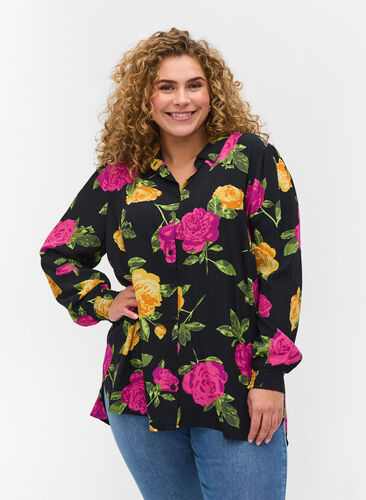 Floral viscose shirt with smocking, Black Flower AOP, Model image number 0
