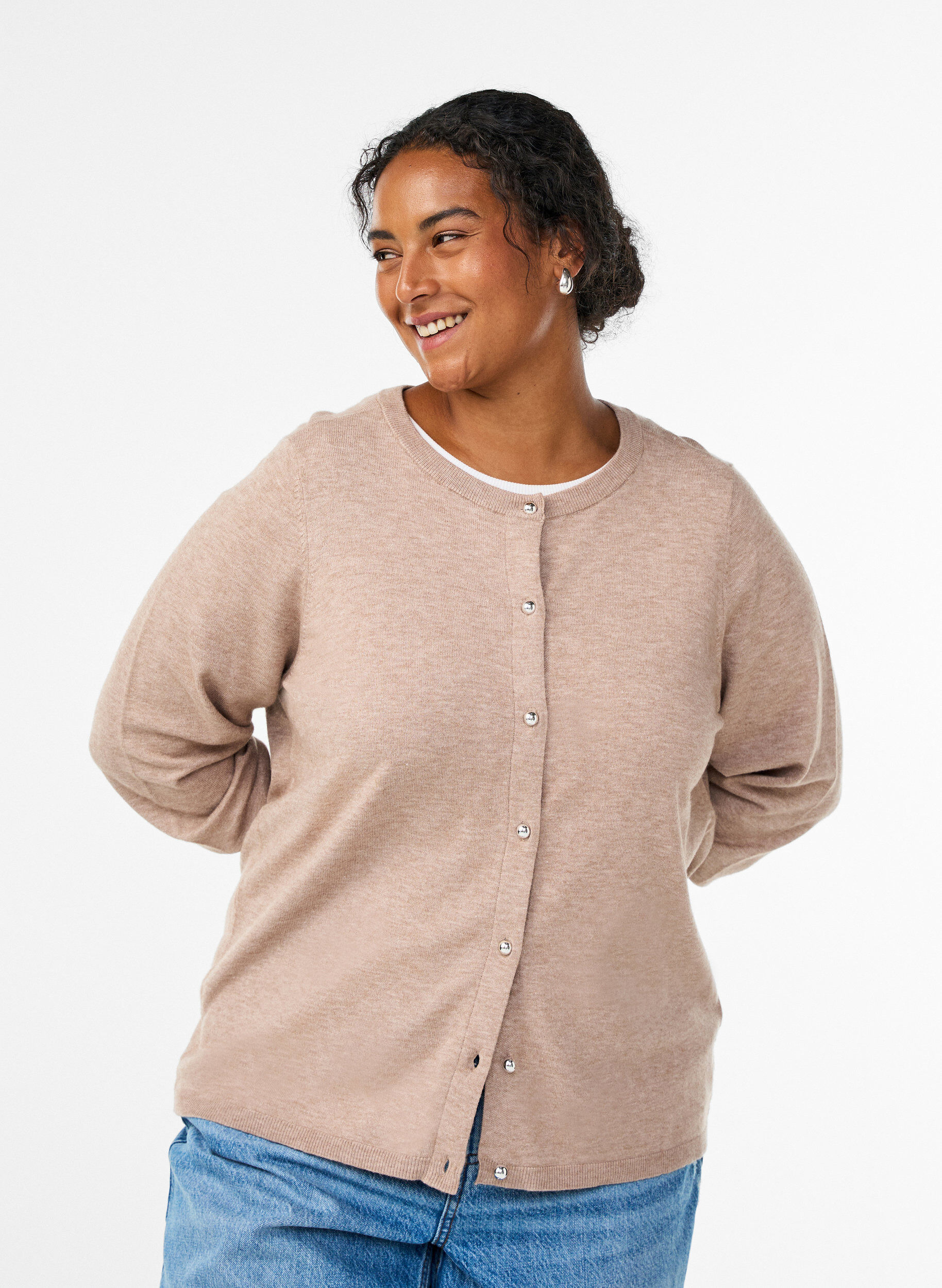 Cardigan with round buttons, Beige, Model