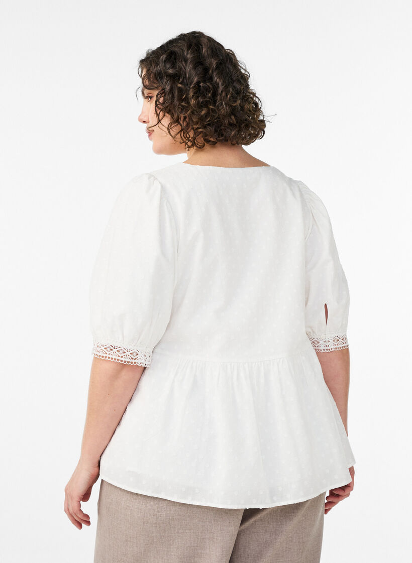 Blouse in textured cotton with crochet details, White, Model image number 2