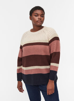 Loose, striped knitted sweater with rounded neckline, Pumice Stone Comb, Model image number 0