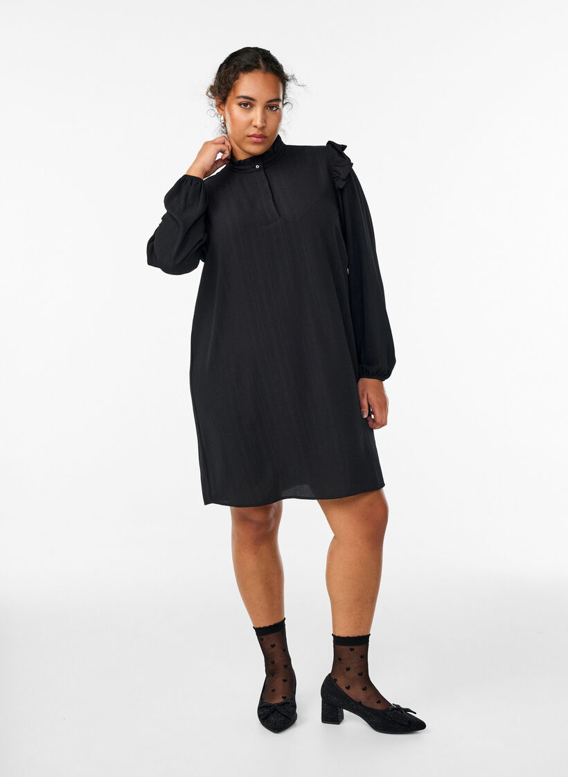 Short dress with ruffles and glitter, Black, Model image number 1