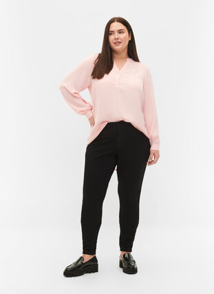 Long-sleeved blouse with v-neck, Strawberry Cream, Model image number 2