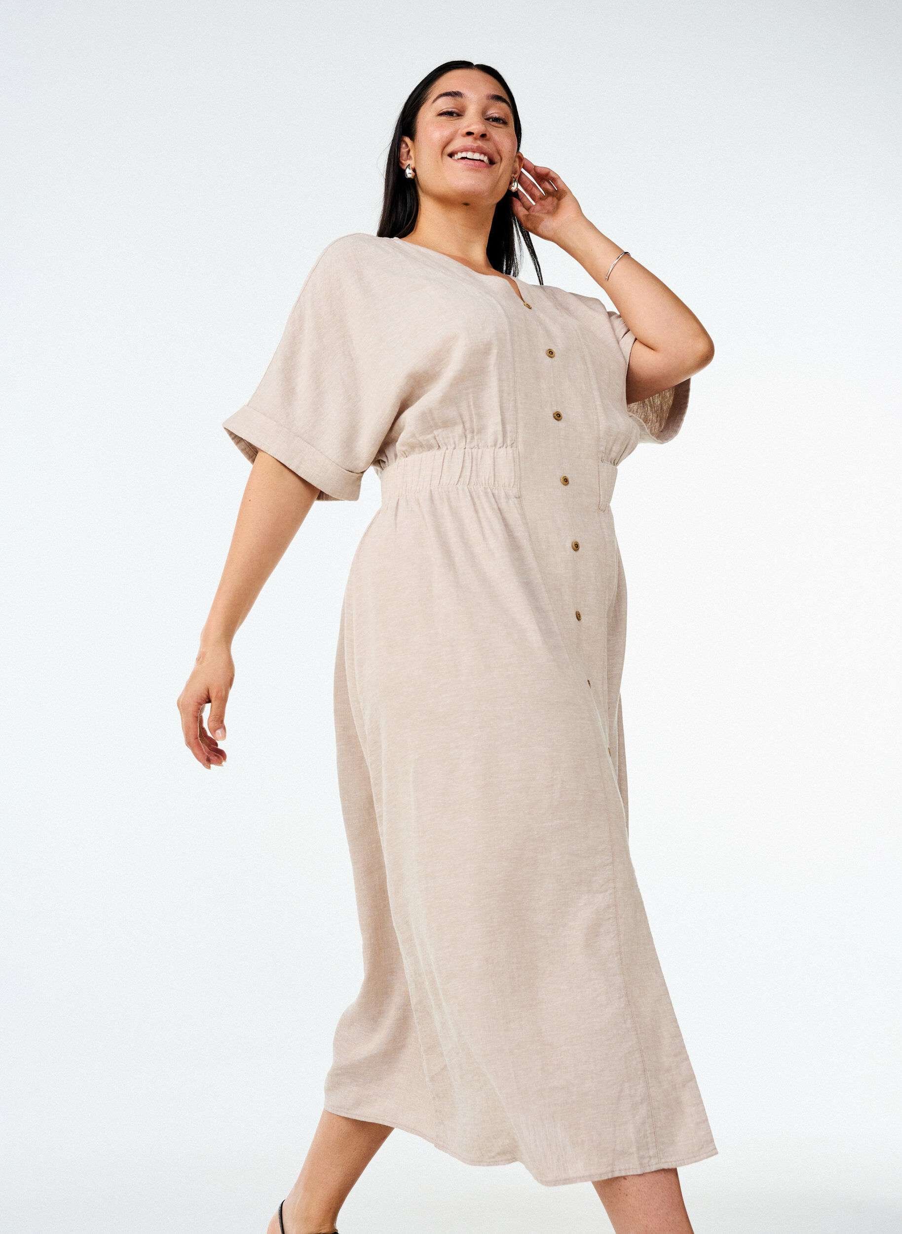 Zizzifashion Linen and viscose midi dress with front slits, Beige, Image image number 0