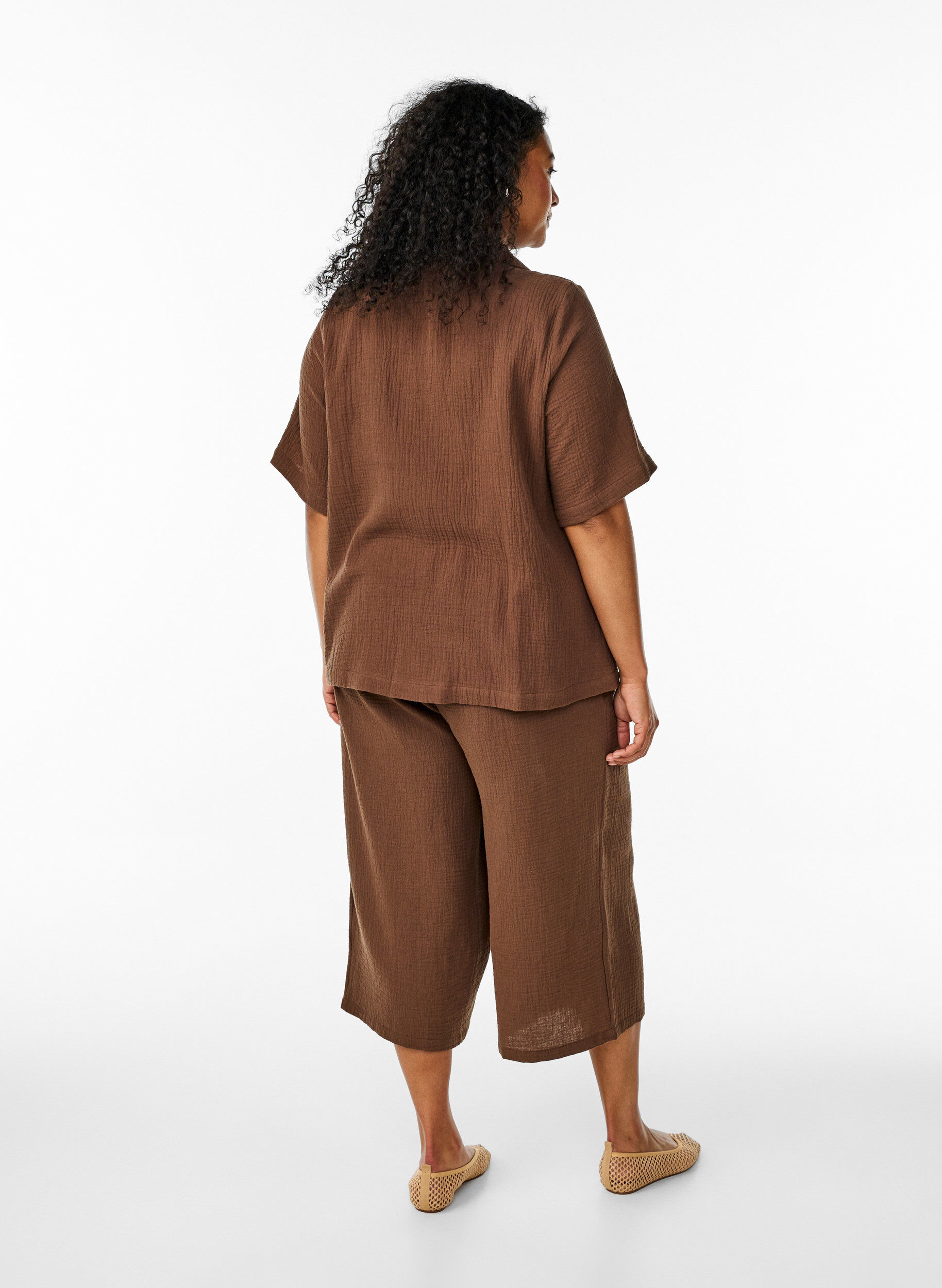 Zizzifashion Culotte trousers in cotton muslin with high waist, Brown, Model image number 1