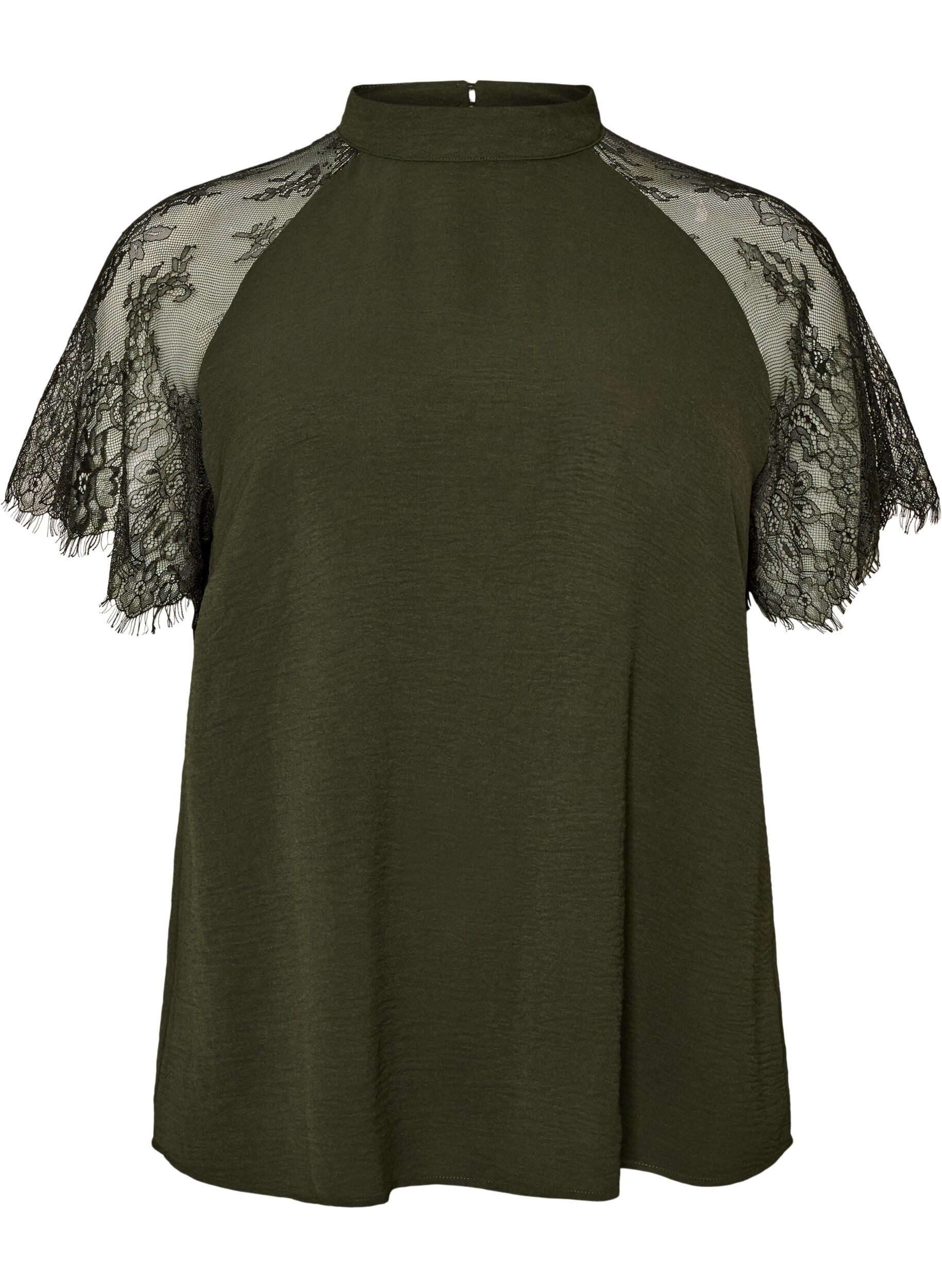 Blouse with short lace sleeves and high neck