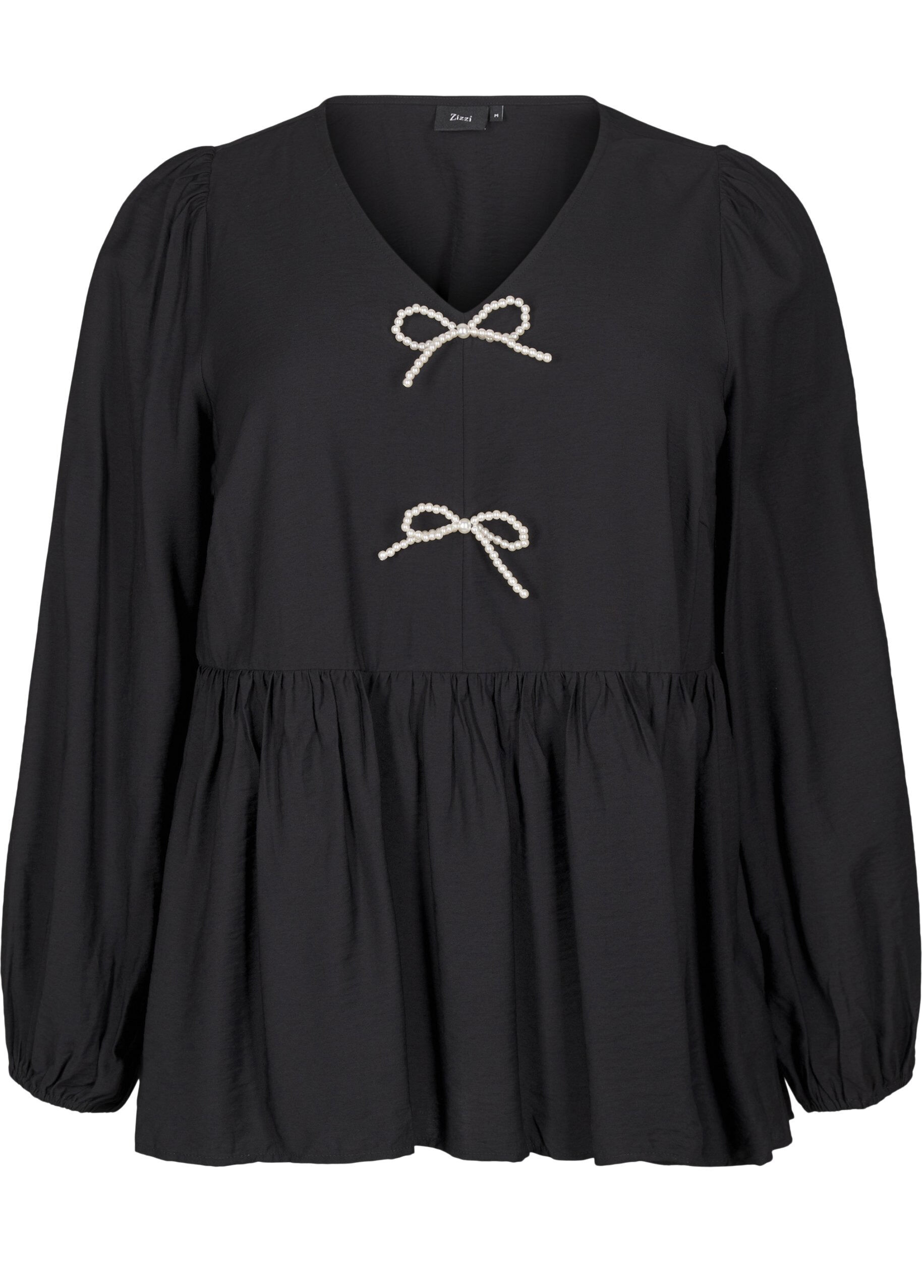 Zizzifashion Blouse with pearl bows and long sleeves, Black, Packshot image number 0