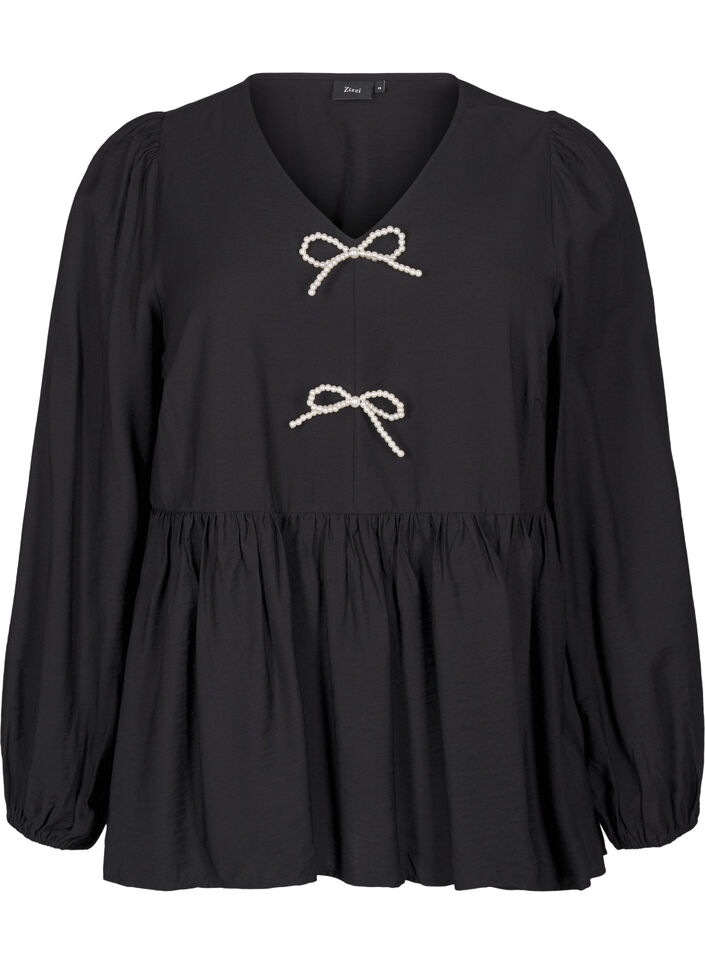 Blouse with pearl bows and long sleeves, Black, Packshot image number 0