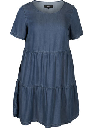 Short-sleeved, pleated denim dress, Medium Blue, Packshot image number 0