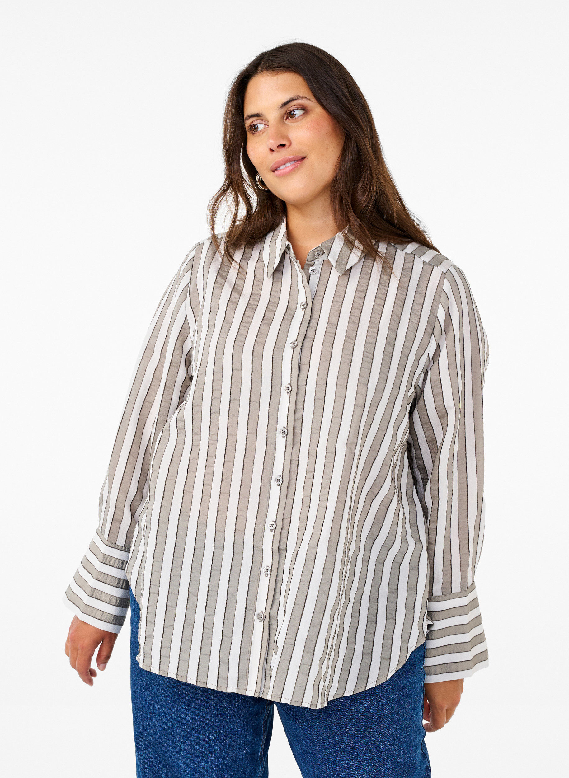Zizzifashion Loose shirt with stripes, Beige, Model image number 0