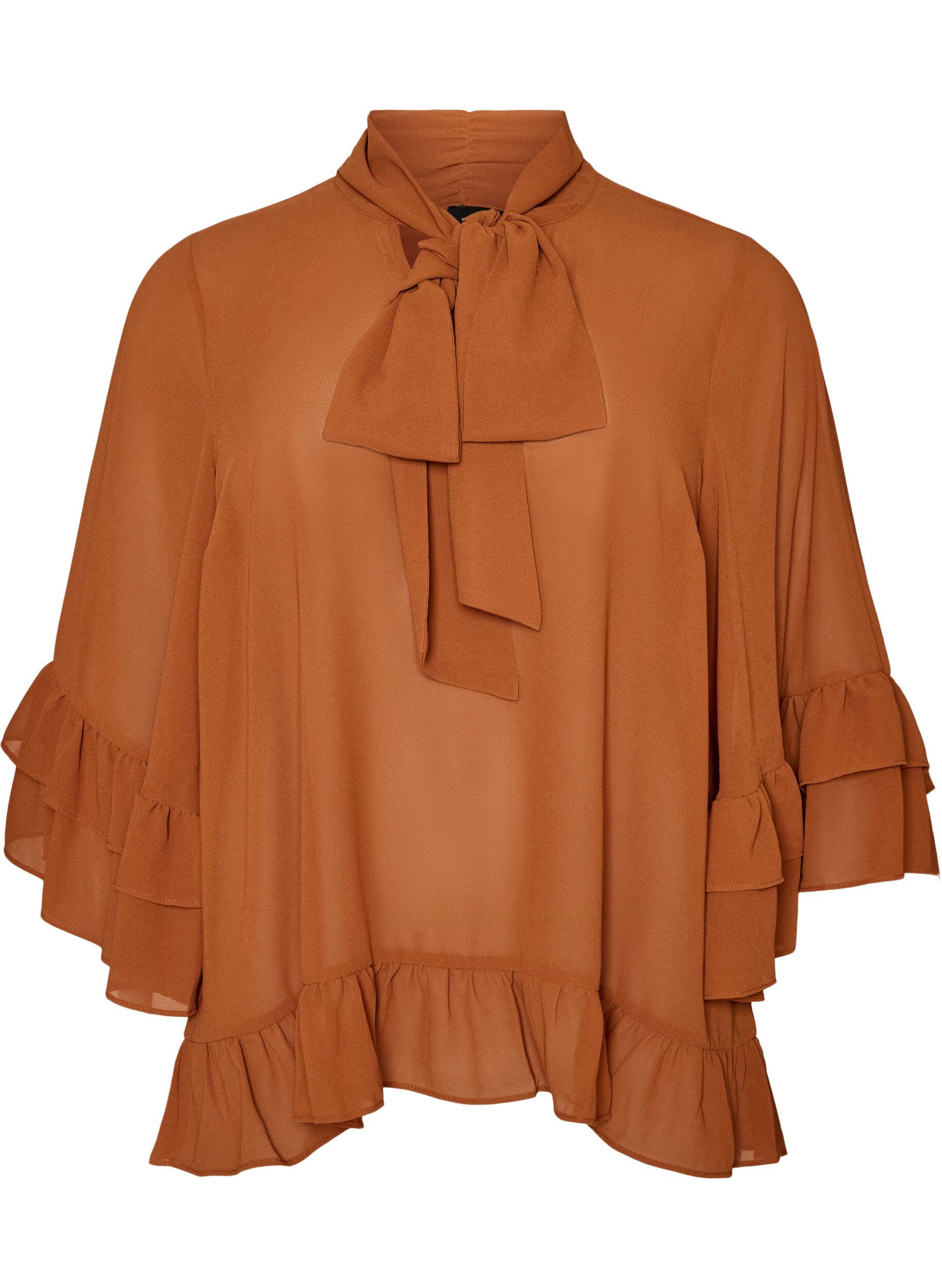 ZizzifashionBlouse with ribbon tie and ruffle details, Brown, Packshot image number 0