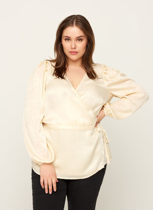 Wrap blouse with puff sleeves, Birch, Model image number 0
