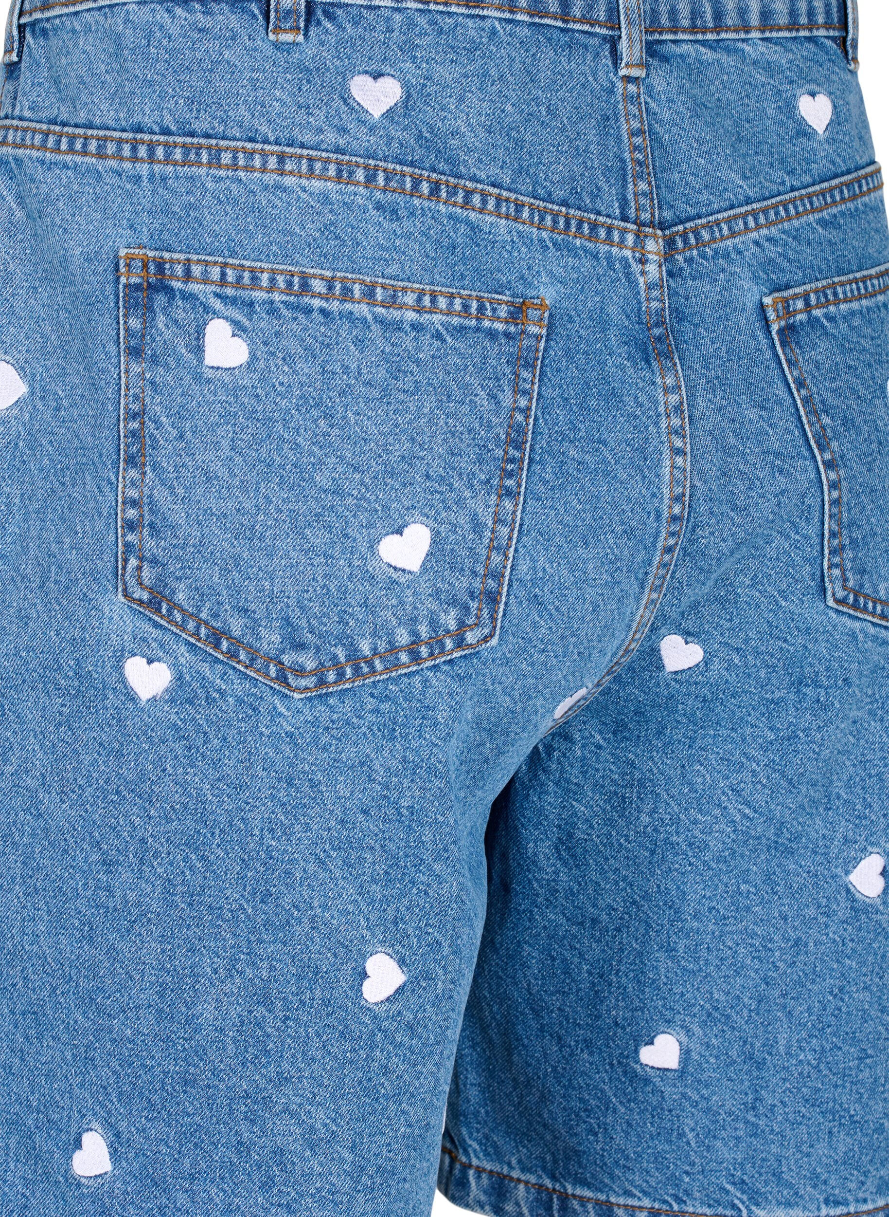 Zizzifashion High-waist denim shorts with embroidered hearts, Light Blue, Packshot image number 3