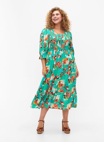 Printed viscose dress with smock at the top, Arcadia AOP, Model image number 0