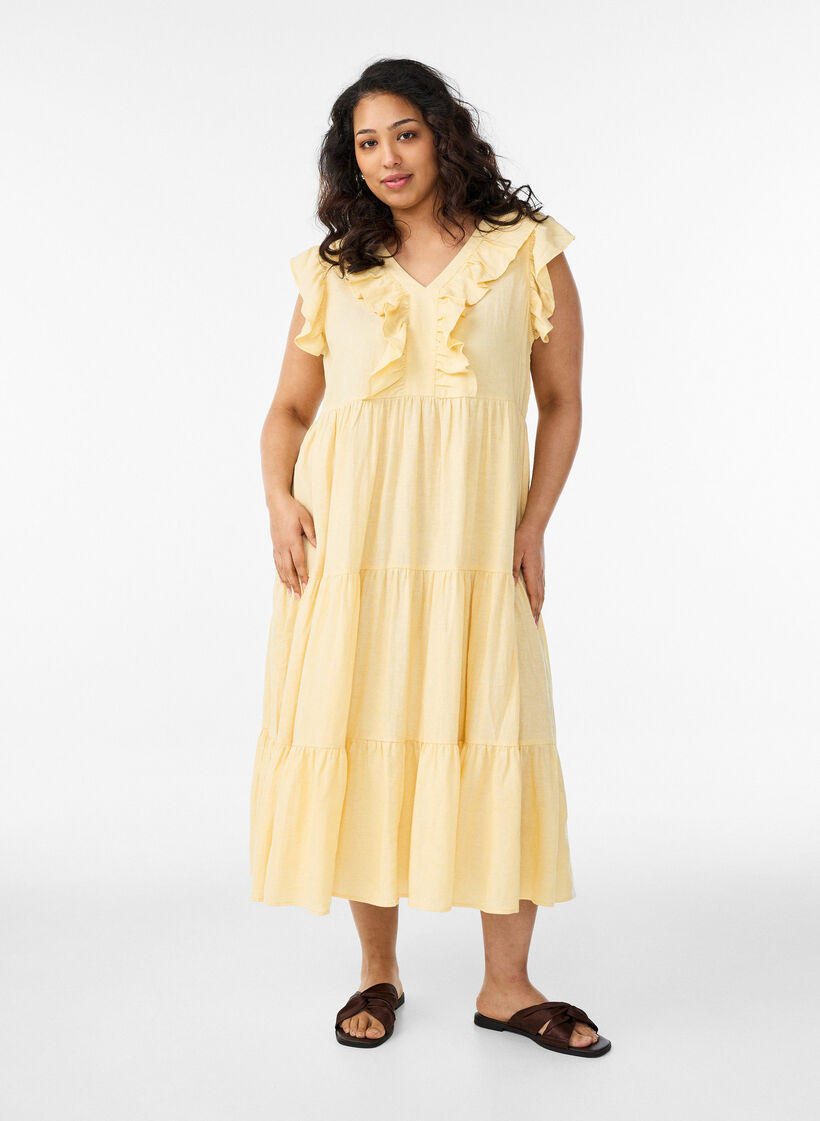 Sleeveless midi dress in linen and viscose with ruffles, Yellow, Model image number 0