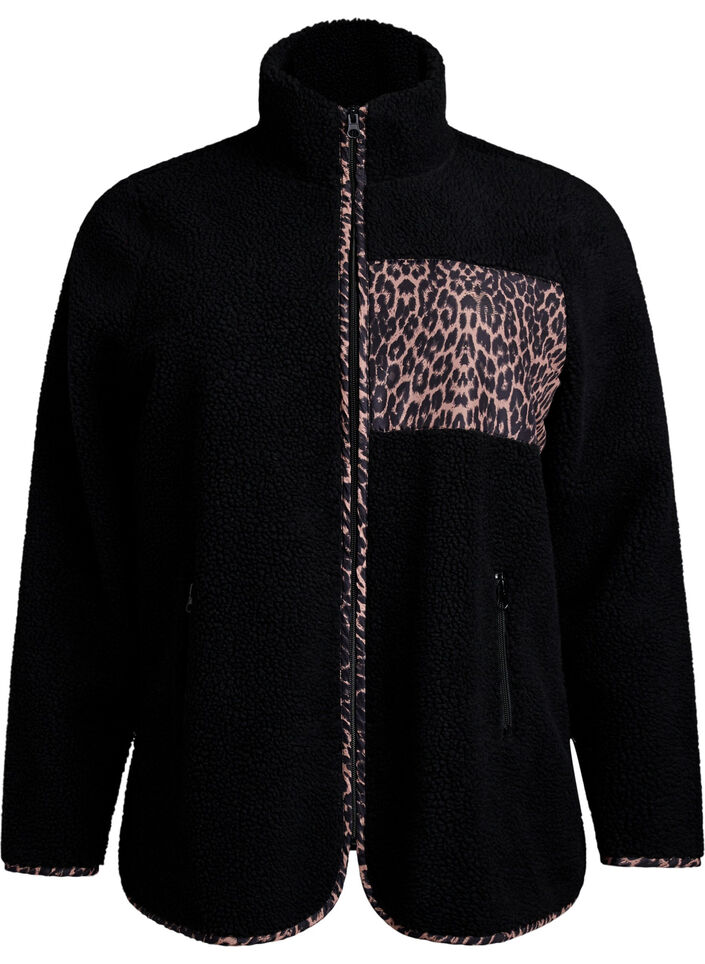 Teddy fleece jacket with leopard details, Black, Packshot image number 0