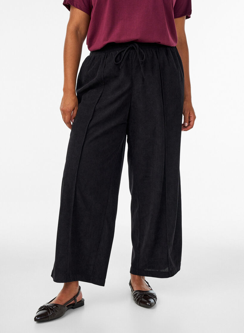 Corduroy trousers with wide legs and a high waist, Black, Model image number 2