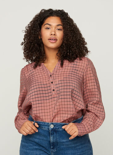 Checked blouse with buttons and puff sleeves, Rosa Check, Model image number 0
