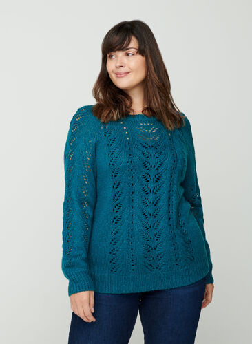 Knitted blouse with a feminine pattern, Blue Coral, Model image number 0