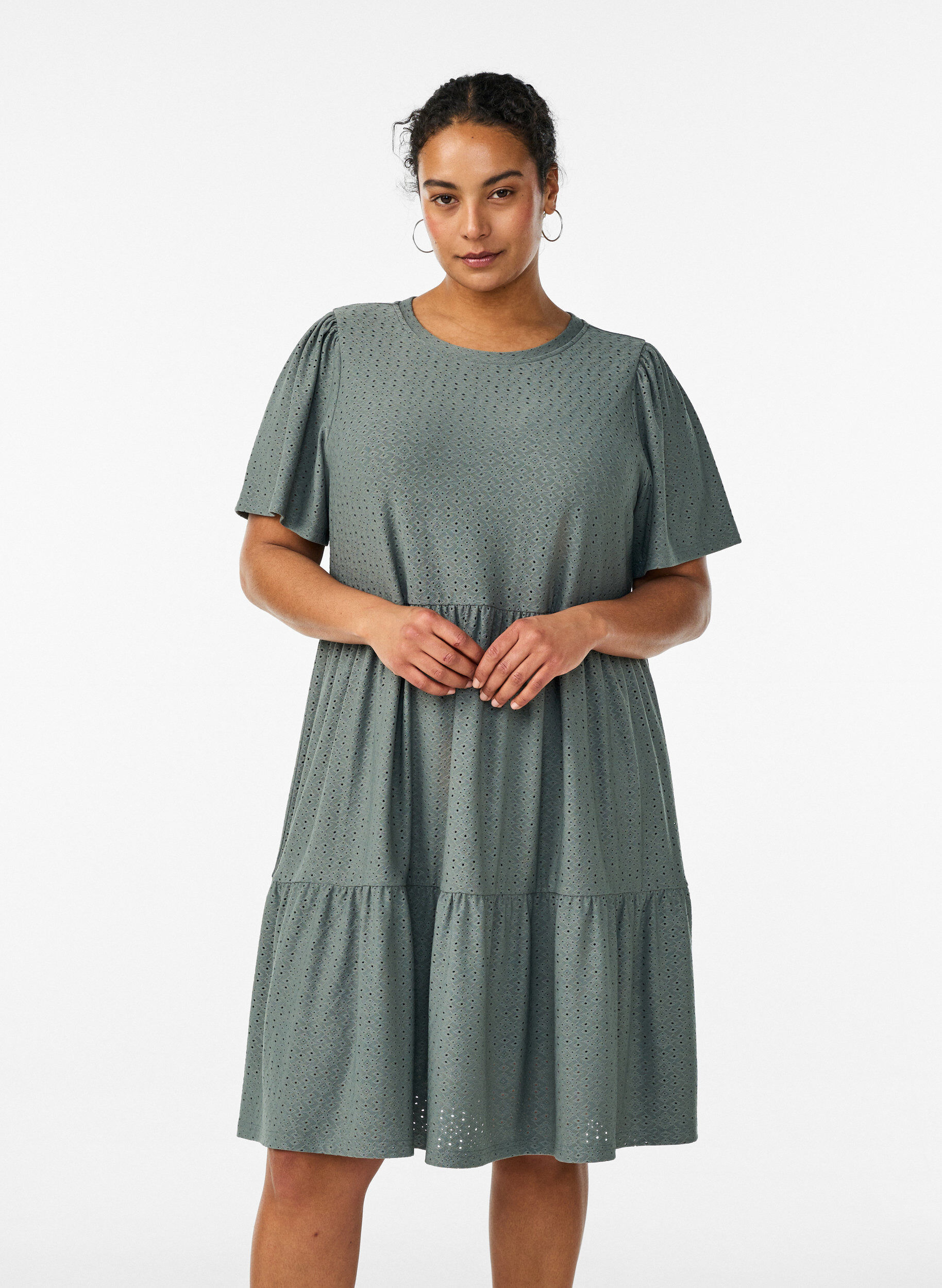 Zizzifashion Short dress with lace pattern and layered skirt, Green, Model image number 0