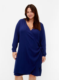 Long sleeve viscose dress with a wrap look, Medieval Blue, Model