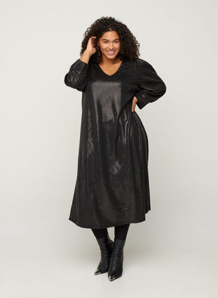 Sequined dress with a slit an 3/4 length sleeves, Black, Model image number 3
