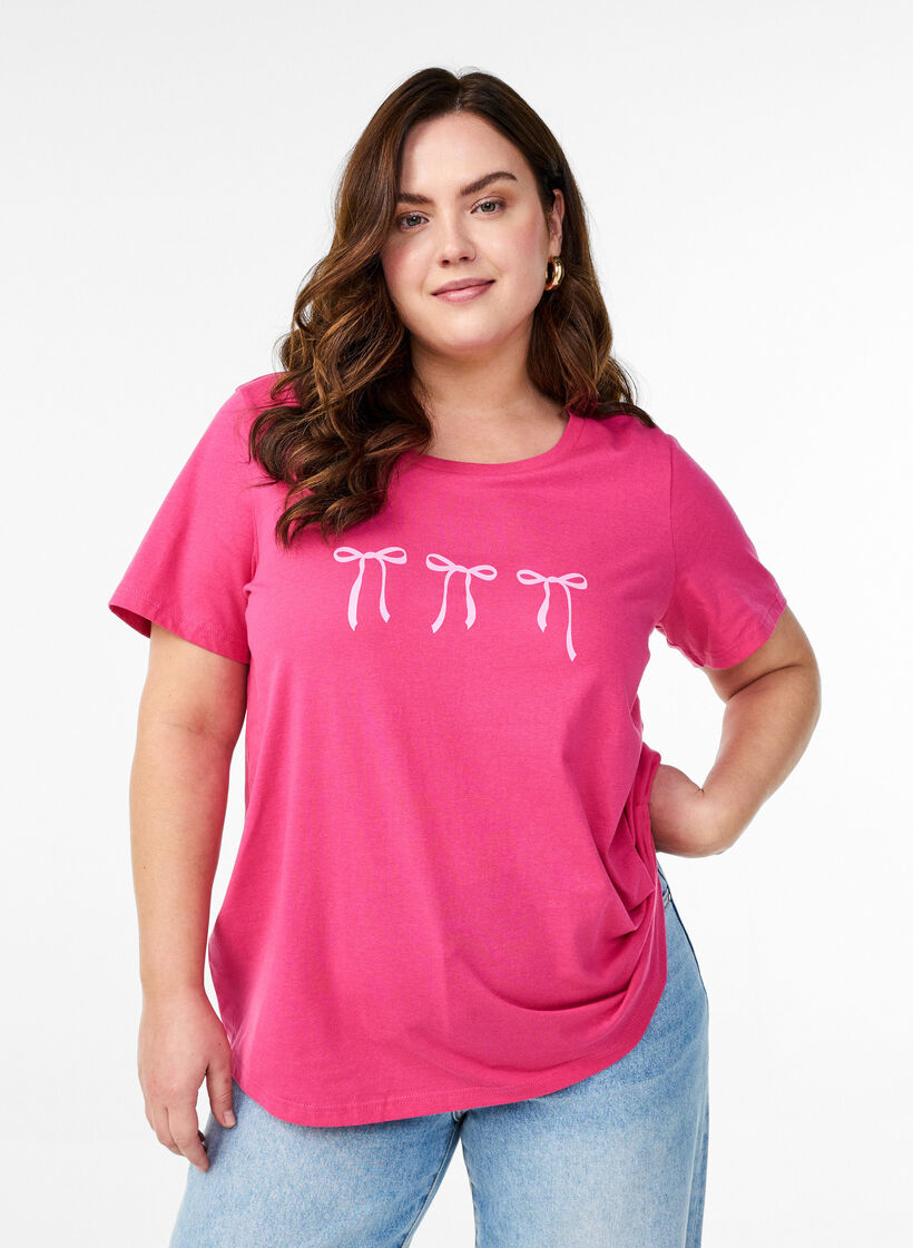 Cotton T-shirt with motif, Raspberry w. Bows, Model image number 0
