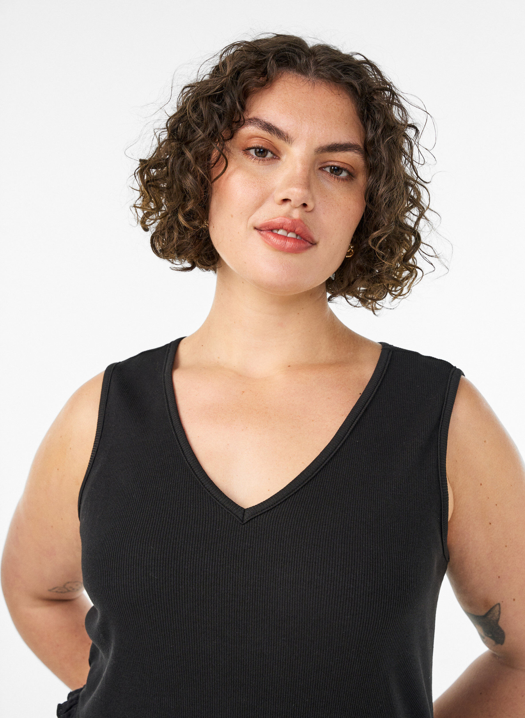 Zizzifashion Sleeveless cotton midi dress with rib and muslin, Black, Model image number 2