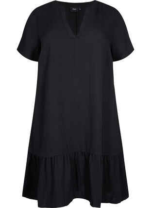Short-sleeved viscose dress with v-neckline, Black, Packshot image number 0