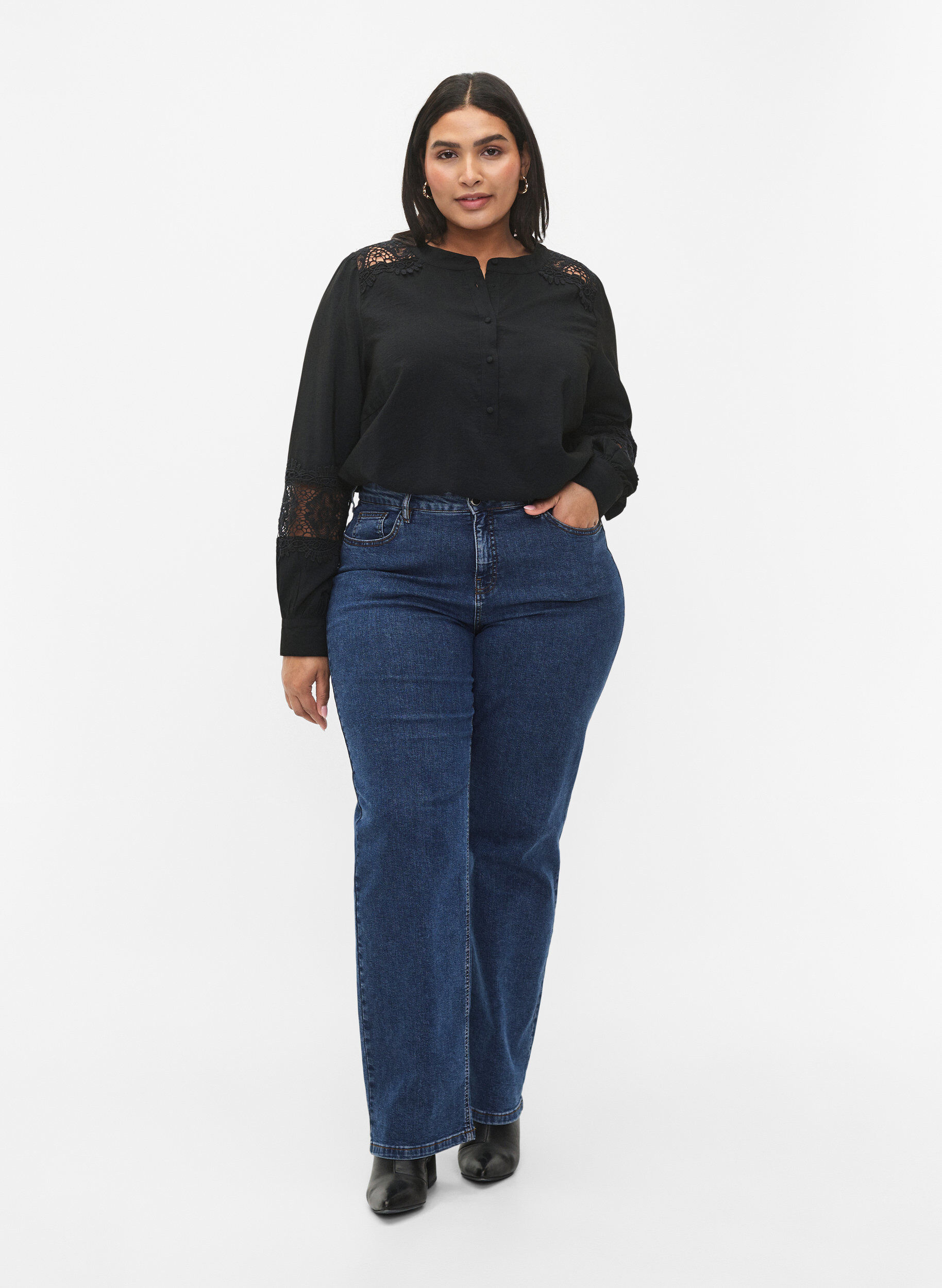 Zizzifashion Viscose blouse with crocheted details, Black, Model image number 2