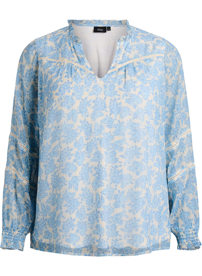 Chiffon blouse with floral print and crochet trim, Light Blue, Packshot image number 0