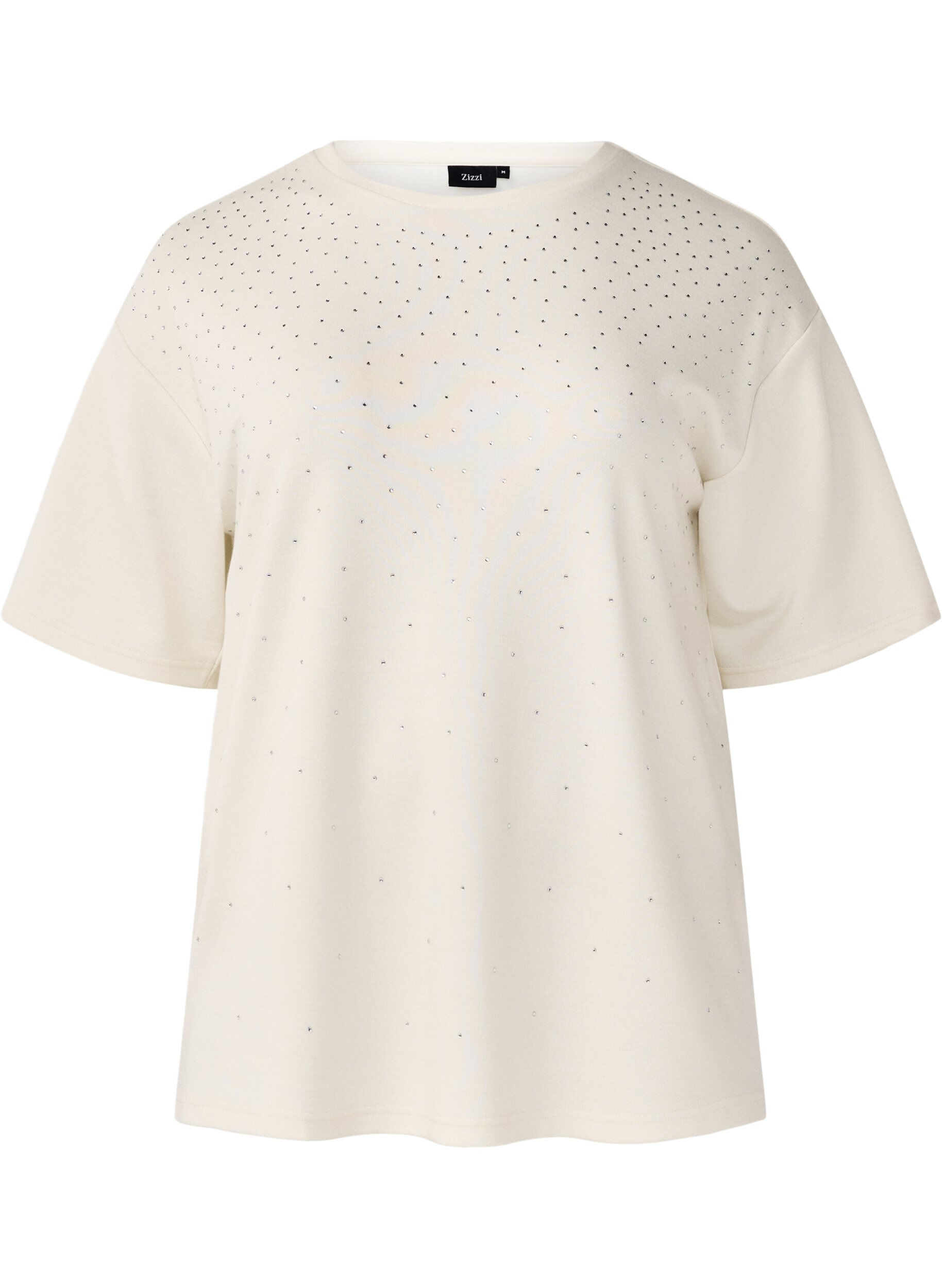 Zizzifashion T-shirt with rhinestones and round neck, White, Packshot image number 0