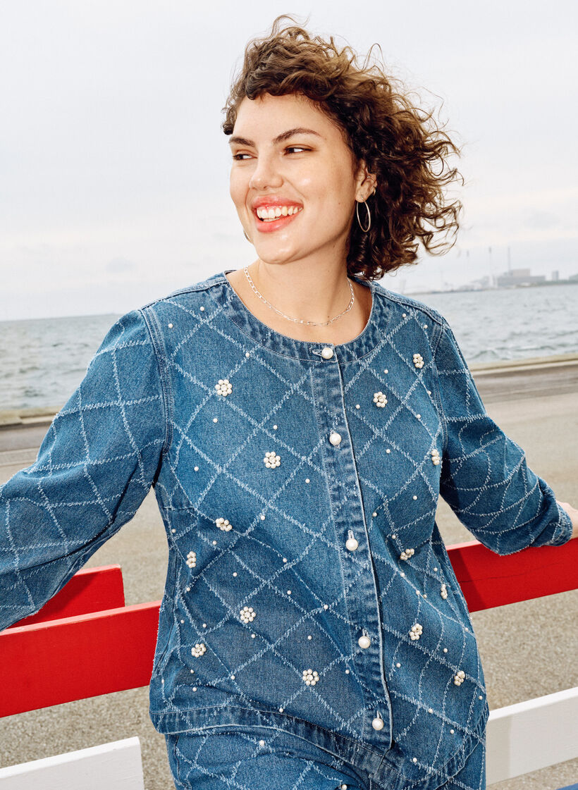 Denim shirt with destroyed pattern and pearl details, Light Blue, Image image number 0