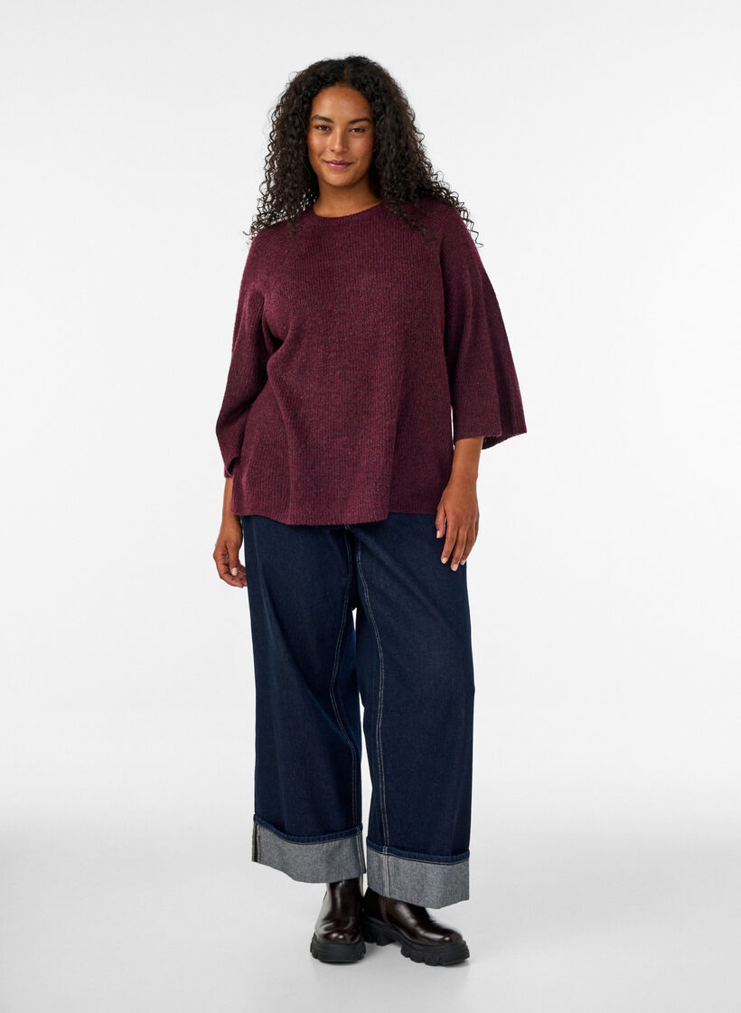 Ribbed jumper with 3/4 sleeves, Red, Model image number 1