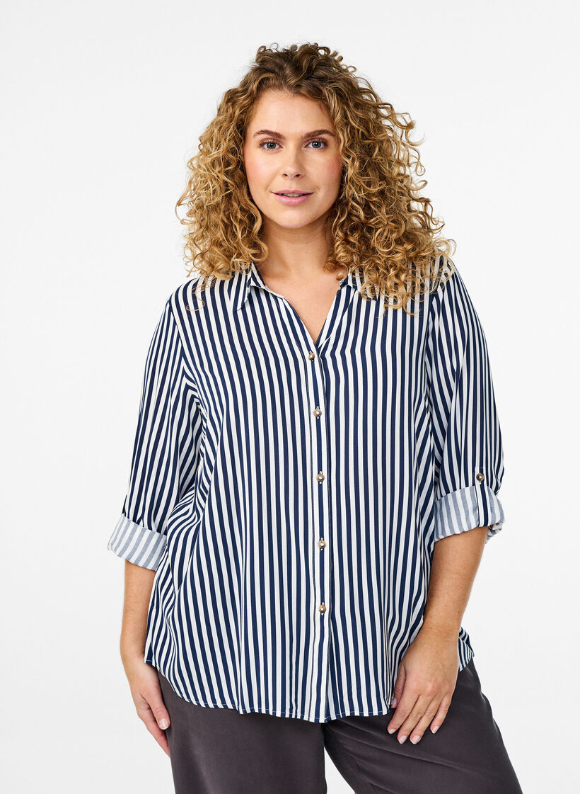 FLASH - Striped shirt with rolled-up sleeves, Blue, Model image number 0