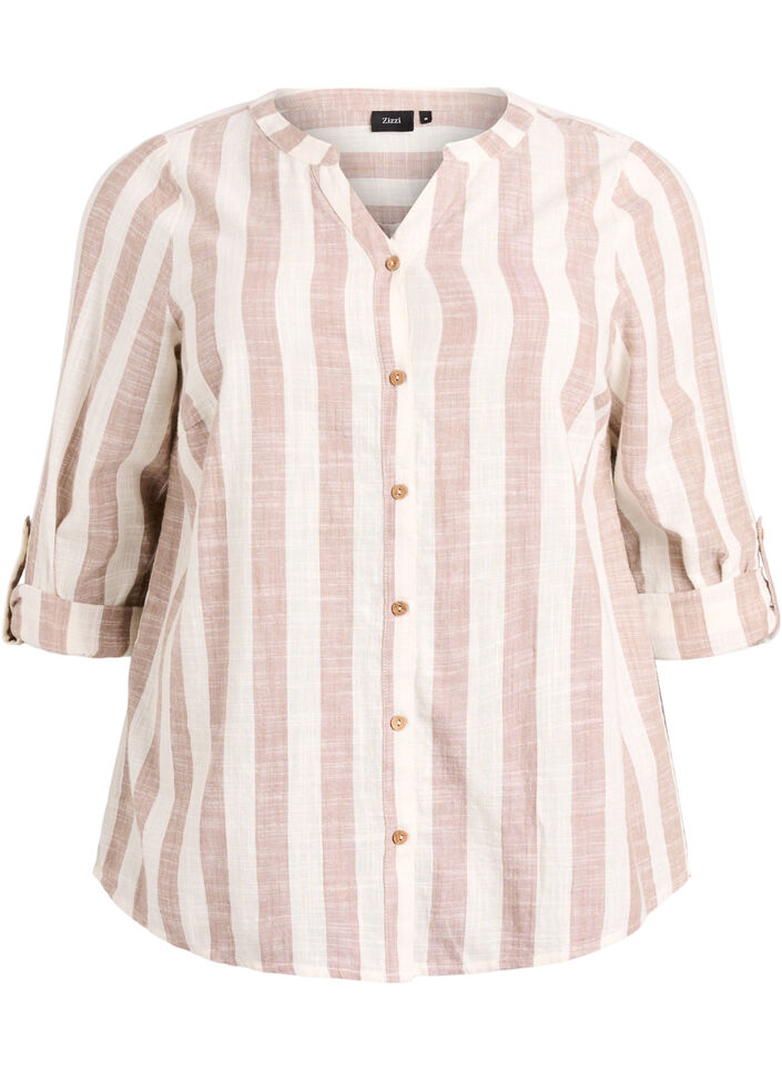 Cotton shirt blouse with V-neck, Beige, Packshot image number 0