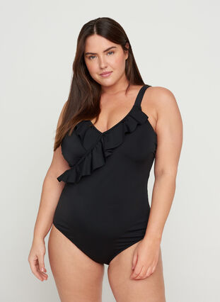 Swimsuit with v-neck and ruffles, Black, Model image number 0
