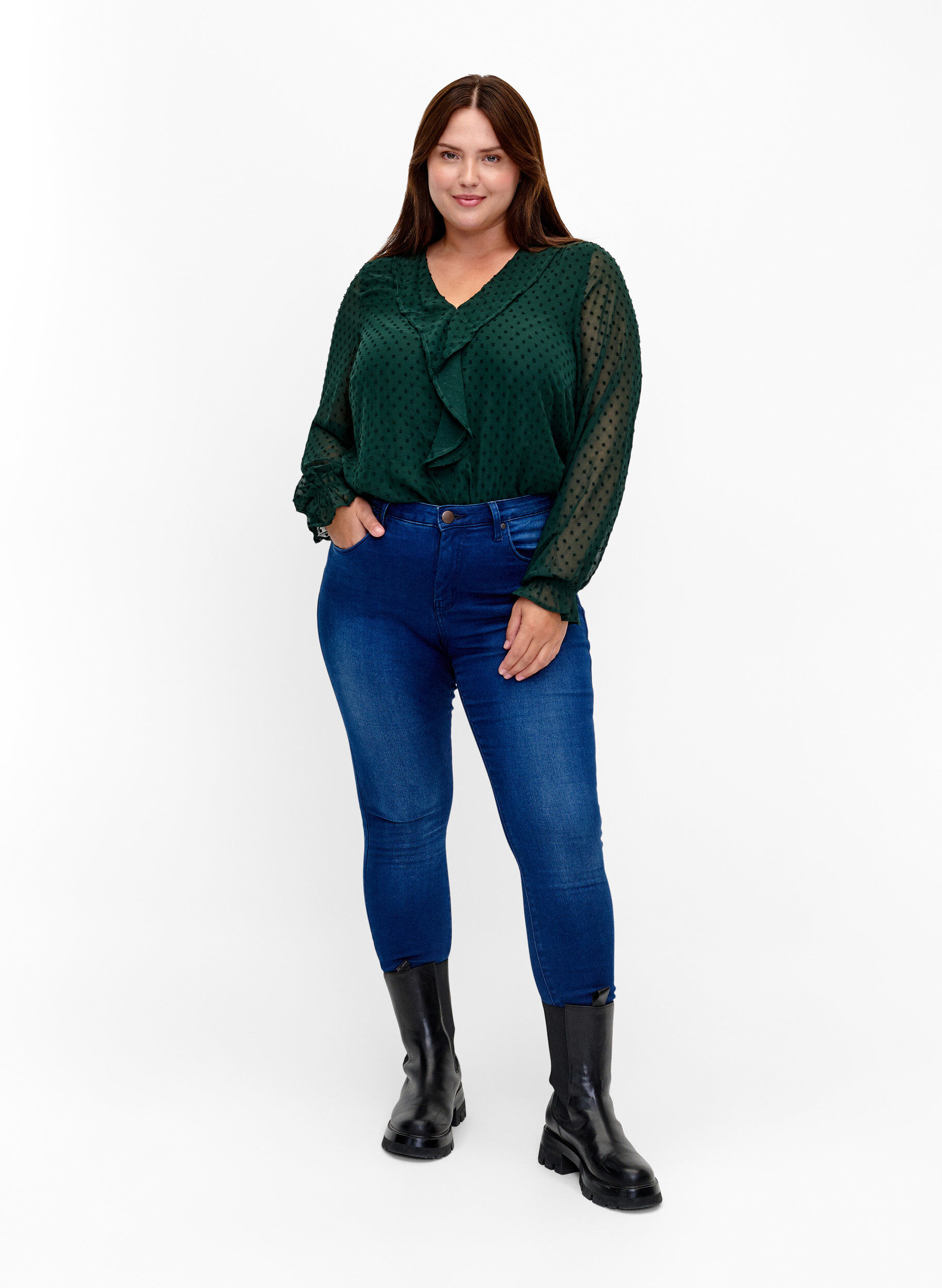 Zizzifashion Blouse with ruffles and dotted texture, Scarab, Model image number 3