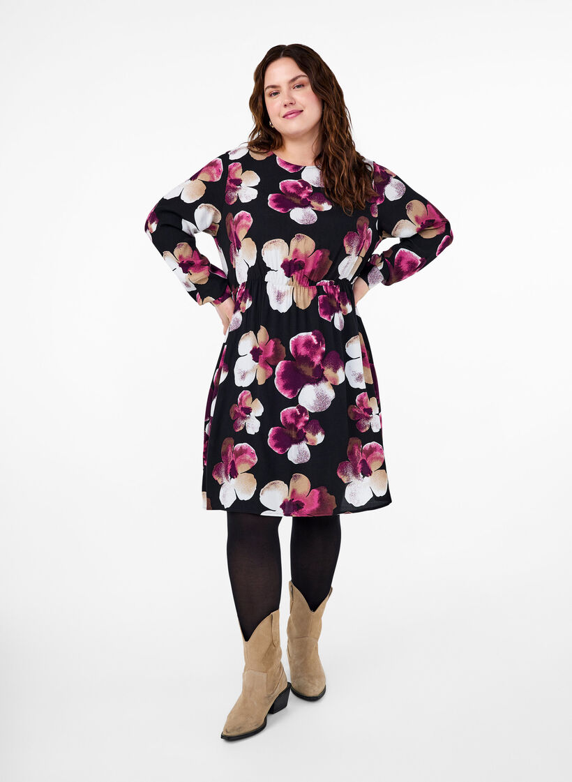 Viscose dress with print and long sleeves, Black, Model image number 1