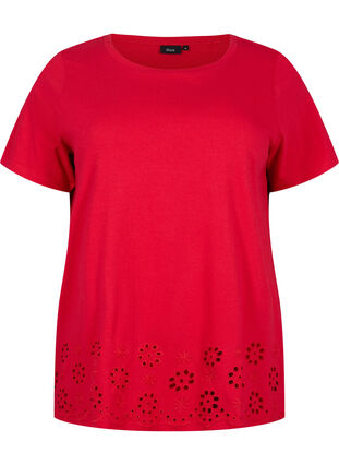 T-shirt in cotton with embroidery anglaise, Tango Red, Packshot image number 0