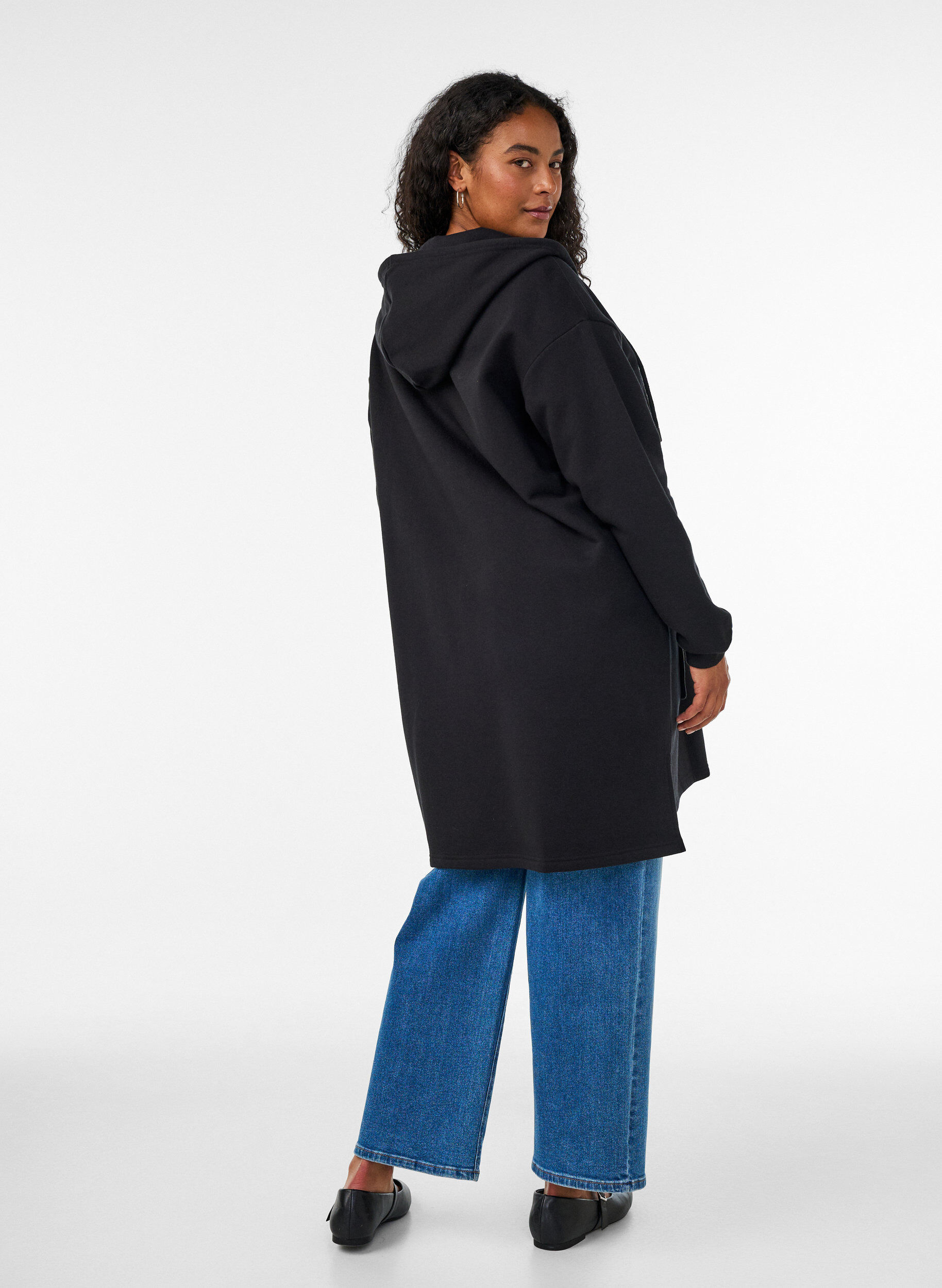 ZizzifashionLong hooded cardigan with zipper, Black, Model image number 2