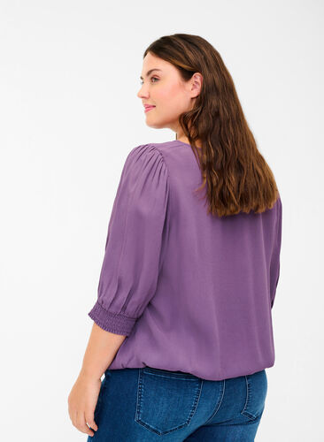 Viscose blouse with 3/4 sleeves and smock, Vintage Violet, Model image number 1